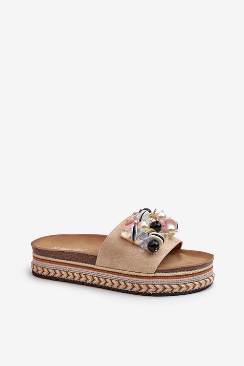 Klapki Damskie Na Platformie Z Ozdobami S.Barski HY077 Beżowe