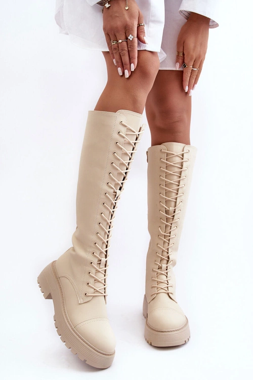 Sznurowane Ocieplane Kozaki Glany Przed Kolano Beżowe Bergdis
