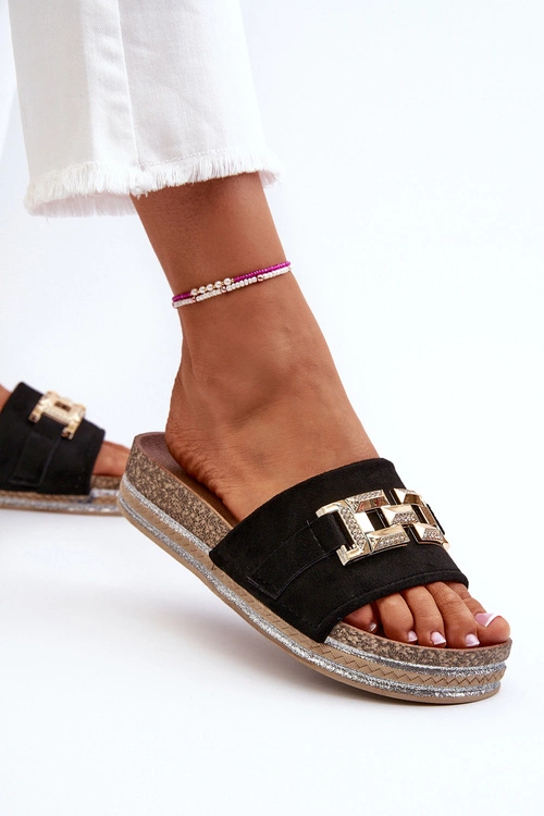 Damskie Klapki Na Platformie Z Ozdobą Czarne Vapireta