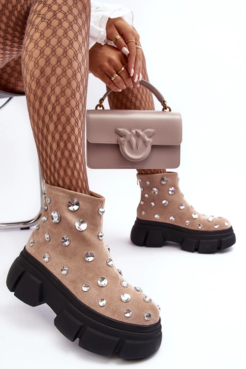 Zamszowe Ocieplane Botki Z Kryształkami D&A MR870-83 Beżowe