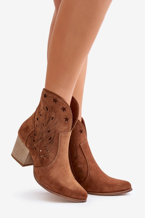 Ażurowe Botki Kowbojki Zamszowe Na Słupku Lewski 3613 Brązowe
