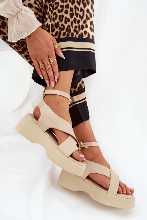 Sandały Damskie Na Platformie I Koturnie Eko Skórzane Beżowe Tenzorus