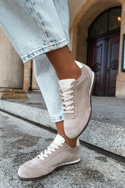 Skórzane Zamszowe Sneakersy Z Przeszyciami Zazoo N1414 Beżowe