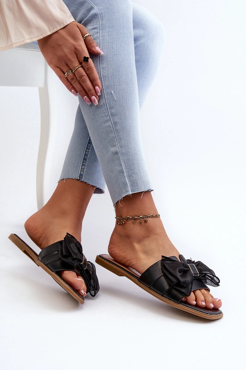 Płaskie Klapki Damskie Z Kokardą Czarne Balinda