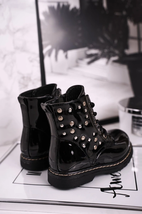 Dziecięce Ocieplane Botki z Dżetami Lakierowane Czarne Fame