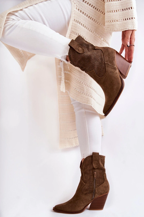 Damskie Zamszowe Ażurowe Botki Kowbojki Khaki Eleonore