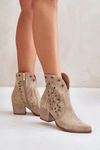Ażurowe Botki Kowbojki Zamszowe Na Słupku Lewski 3613 Beżowe