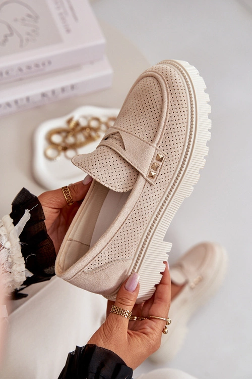 Damskie Ażurowe Półbuty Mokasyny Jasnobeżowe Tannes