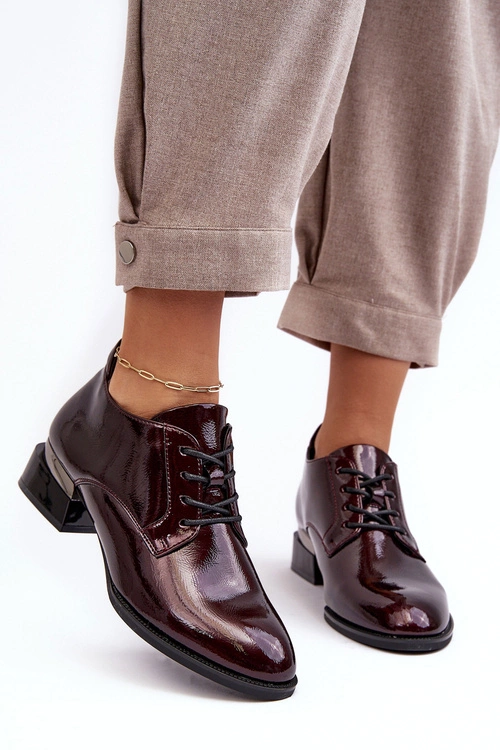 Lakierowane Półbuty Damskie Sznurowane Bordowe Banosa