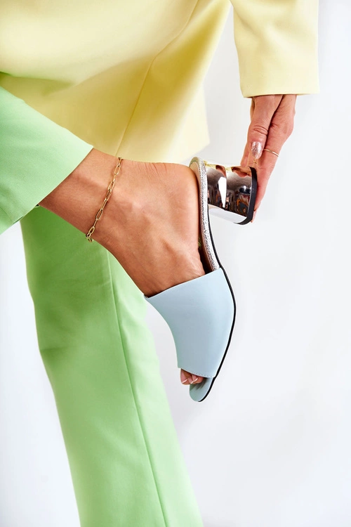 Skórzane Klapki Damskie Na Obcasie Niebieskie Perry