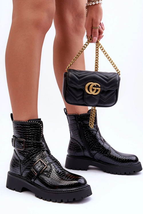 Wężowe Botki Damskie Z Paskami Czarne Leora