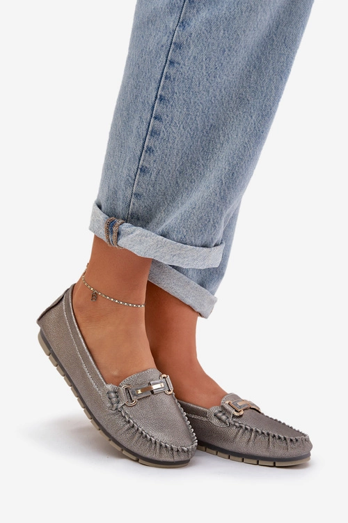 Brokatowe Płaskie Mokasyny Ze Skóry Naturalnej D&A LR51-546 Srebrne