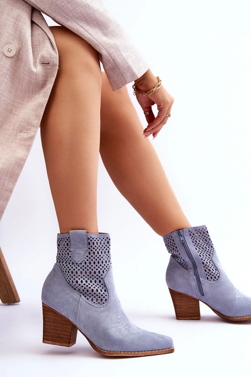 Damskie Zamszowe Kowbojki Botki Na Słupku Jasnoniebieskie Norvella