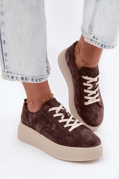 Skórzane Zamszowe Sneakersy Na Platformie Kobbo 41535 Czekoladowe