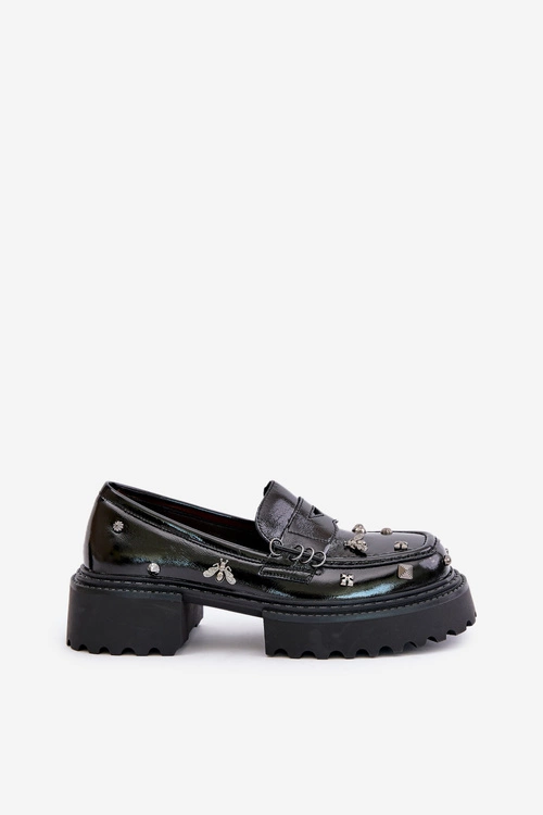 Skórzane Lakierowane Półbuty Damskie Z Ozdobami D&A MR880-103 Czarne