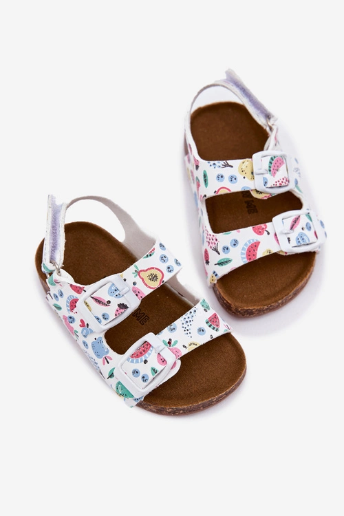 Dziecięce Sandałki Na Korkowej Podeszwie Z Klamrami Owoce Białe Thessa
