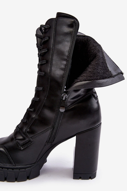 Sznurowane Skórzane Botki Na Masywnym Słupku Czarne Khariah