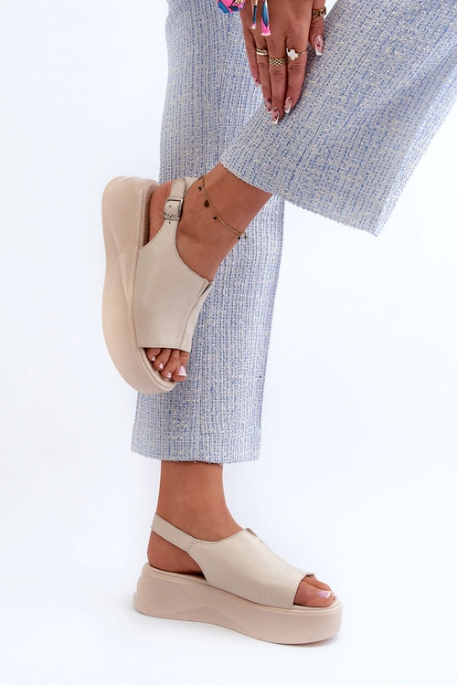 Skórzane Sandały Damskie Na Platformie D&A SJ2301-2 Beżowe