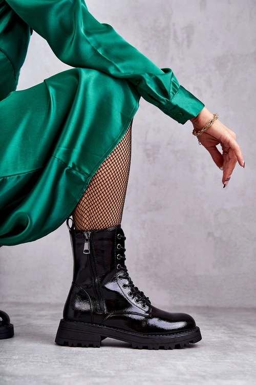 Skórzane Botki Na Płaskim Obcasie Czarne Estela