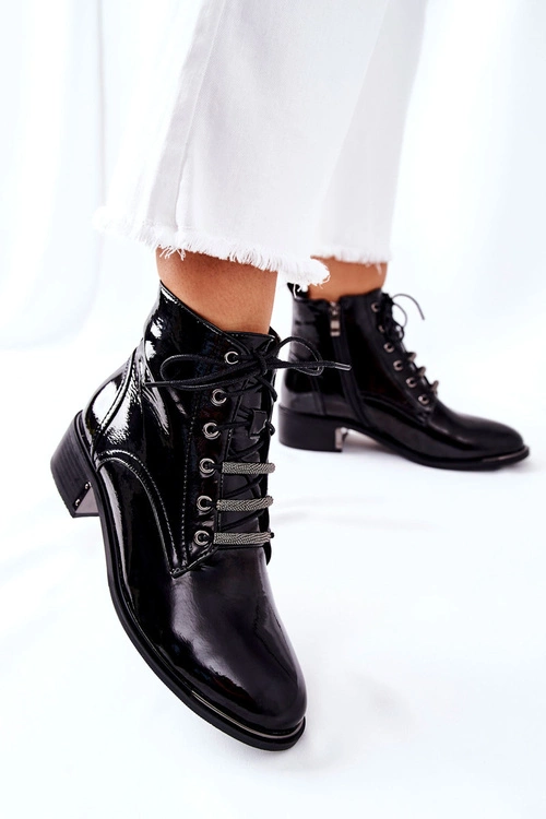 Klasyczne Damskie Ocieplane Botki Lakierowane Czarne Reflection