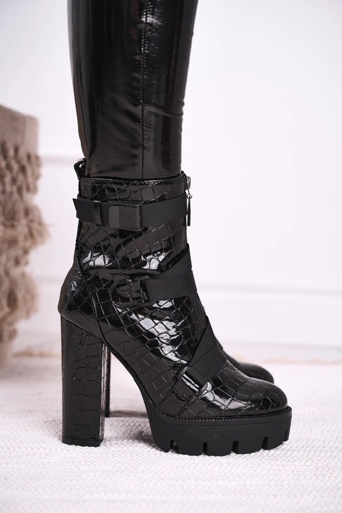 Damskie Botki na Słupku Wysokie Czarne Hortego