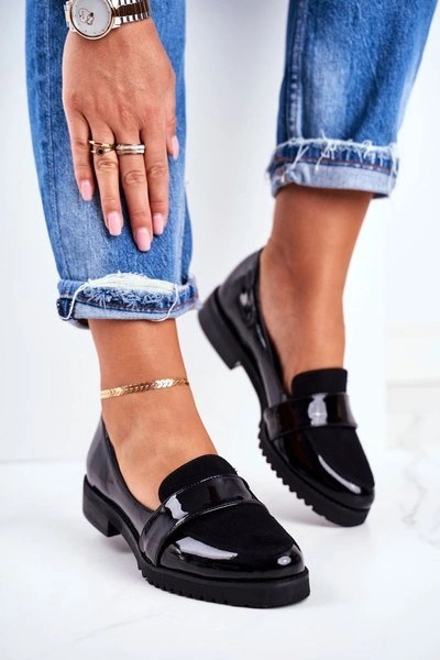 Damskie Mokasyny Lordsy Lakierowana Skóra Czarne Nicole 2589