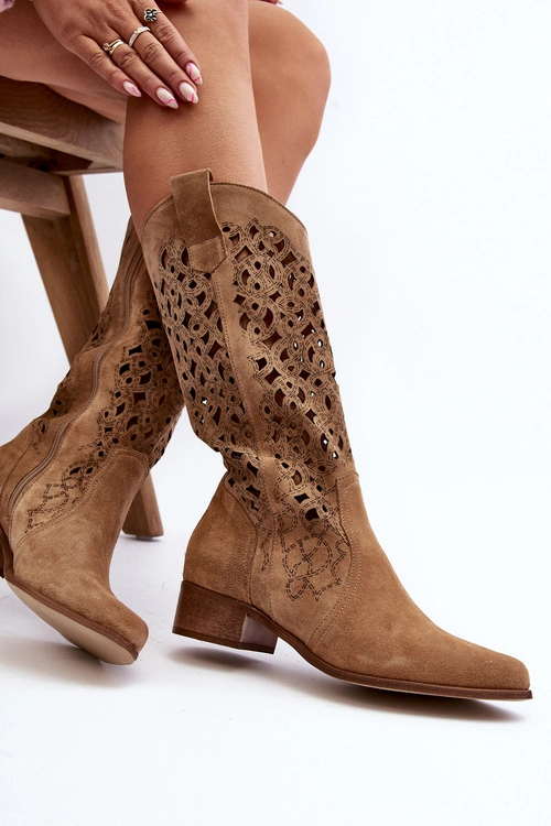 Zazoo 3403 Ażurowe Kozaki Damskie Na Niskim Obcasie Beżowe