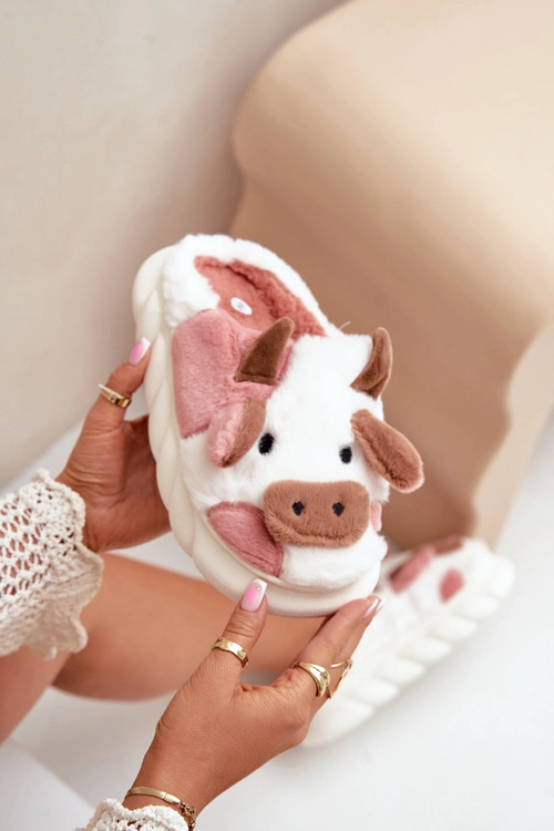 Futrzane Kapcie Krowy Damskie Różowe Remiola