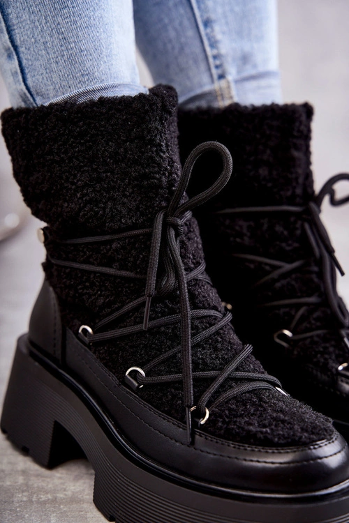 Damskie Botki Śniegowce Z Kożuszkiem Czarne Sanna