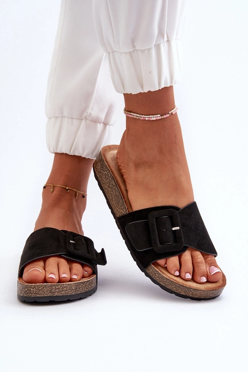 Klapki Damskie Z Klamrą Eko Zamszowe Czarne Laeltia