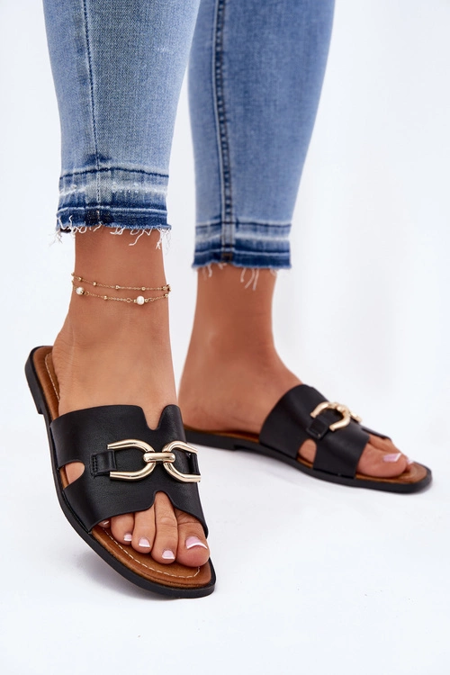 Klapki Damskie Płaskie Z Ozdobnym Detalem Czarne Amiresna