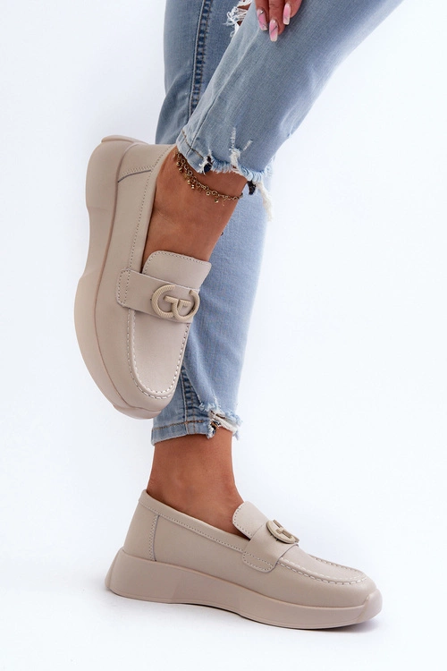 Skórzane Mokasyny Damskie Na Platformie Beżowe S.Barski LR490