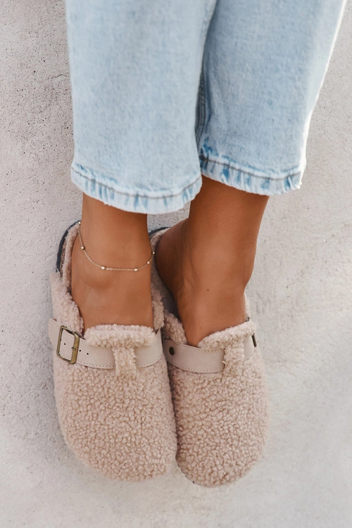 Klapki Damskie Z Futerkiem Typu Baranek Beżowe Lorivine