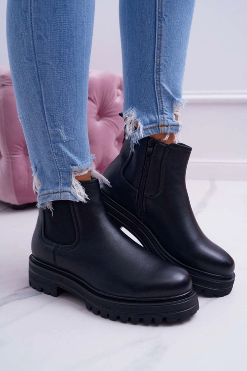 Botki Damskie Płaski Obcas Ciepłe Czarne Orion