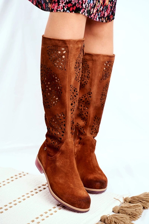 Damskie Kozaki Maciejka Skórzane Ażurowe Camel 04525-29
