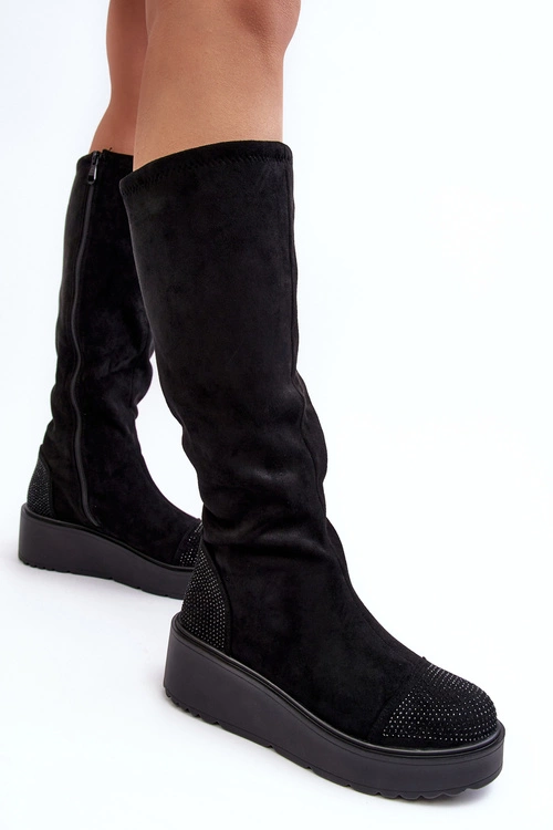 Kozaki Damskie Zamszowe Na Platformie S.Barski HY53-8 Czarne