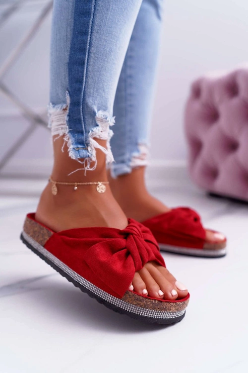 Damskie Klapki Na Korku Kokarda Cyrkonie Czerwony Astria