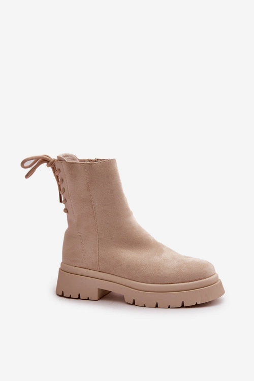 Zamszowe Botki Na Płaskim Obcasie Sznurowane Beżowe Lakyta