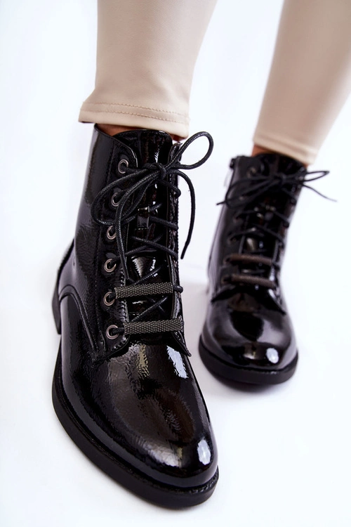 Klasyczne Lakierowane Damskie Ocieplane Botki Czarne Grimma