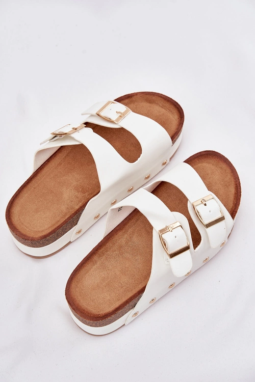 Klapki Damskie Z Klamrami Na Masywnej Platformie Białe Odisene