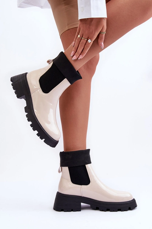 Botki Sztyblety Lakierowane Damskie Beżowe Pavo