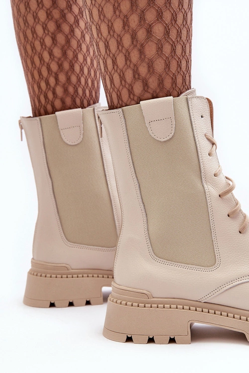 Skórzane Damskie Botki Workery Sznurowane Jasnobeżowe Nicole 2836