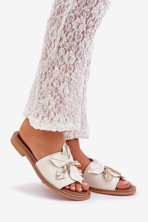 Klapki Z Ozdobą Skóra Naturalna Zazoo 3667 Białe