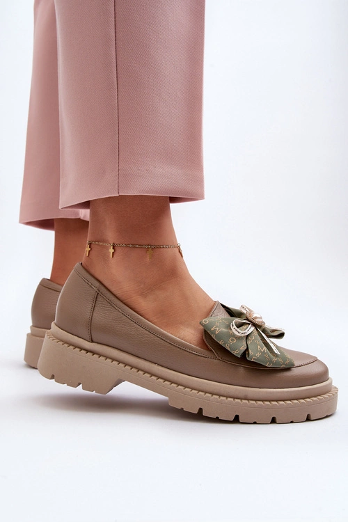 Damskie Skórzane Mokasyny Z Kokardą Laura Messi 2787 Beżowe
