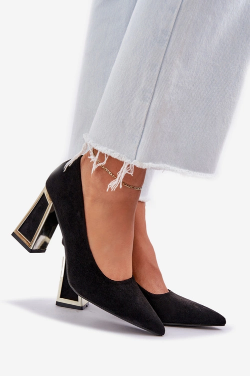 Eleganckie Czółenka Na Słupku Szpiczaste Noski Czarne Falseki