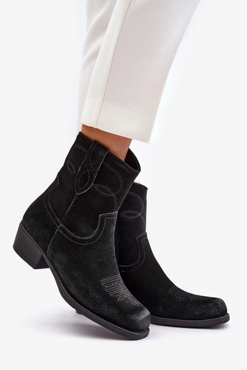 Zamszowe Botki Kowbojki Damskie Na Niskim Obcasie Ocieplane Sergio Leone BT284-S Czarne