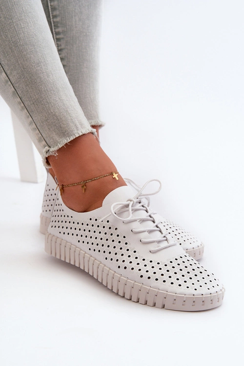 Skórzane Damskie Trampki Z Ażurowym Wzorem Białe Ilvima