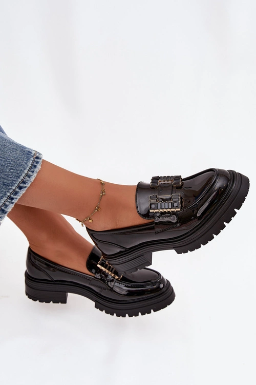 Mokasyny Damskie Lakierowane Z Ozdobą Czarne Ysandra