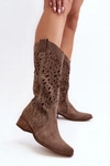 Zazoo 3403 Ażurowe Kozaki Damskie Na Niskim Obcasie Ciemnobeżowe