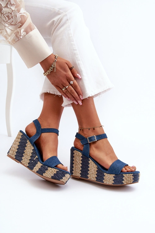 Jeansowe Sandały Damskie Na Koturnie Z Plecionką Niebieskie Reviala